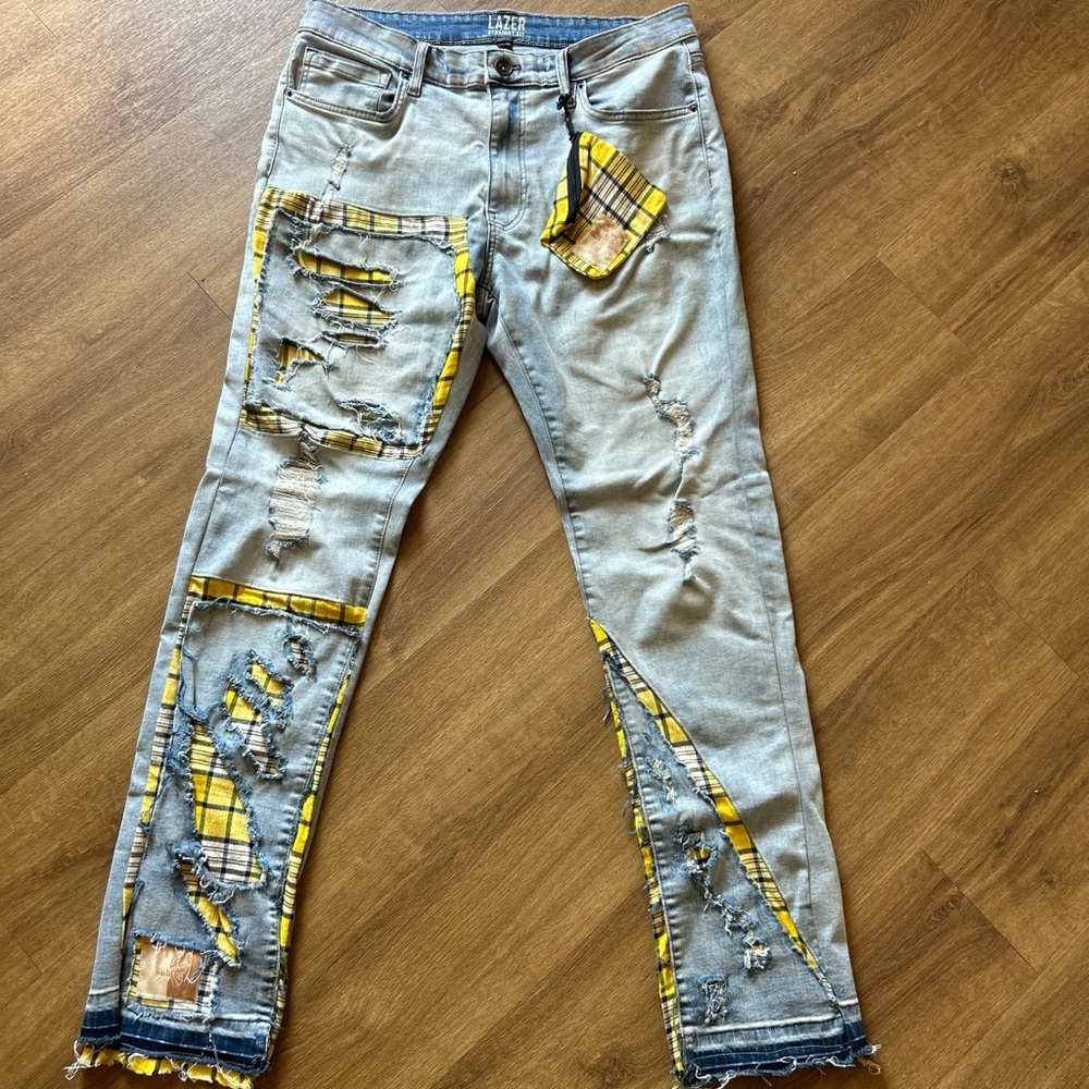 Distressed Jeans with Yellow Plaid Accents 1 of 1 design. Custom.